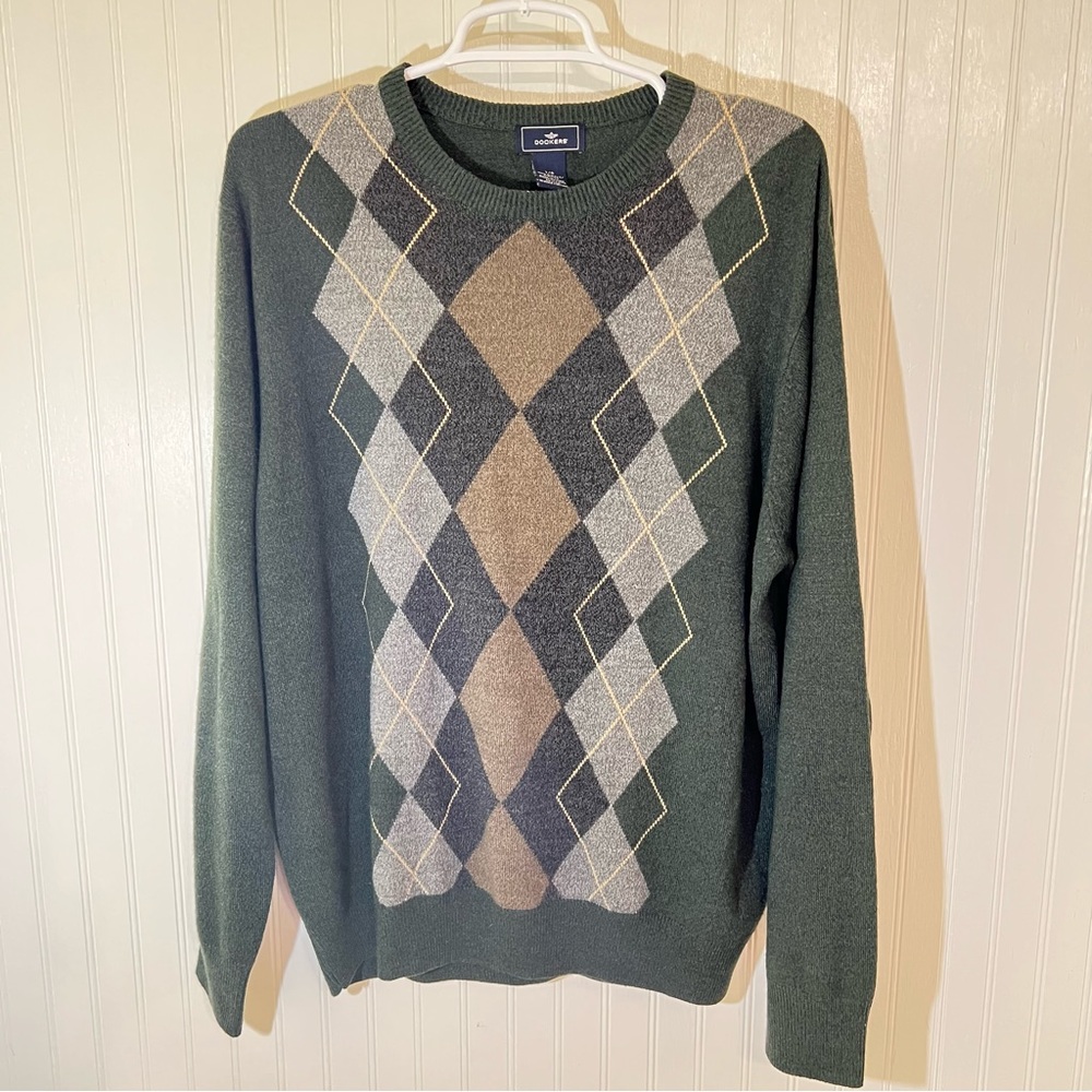 Dockers Green Argyle Sweater Men’s Large L Eclectic Grandpa Core Academia